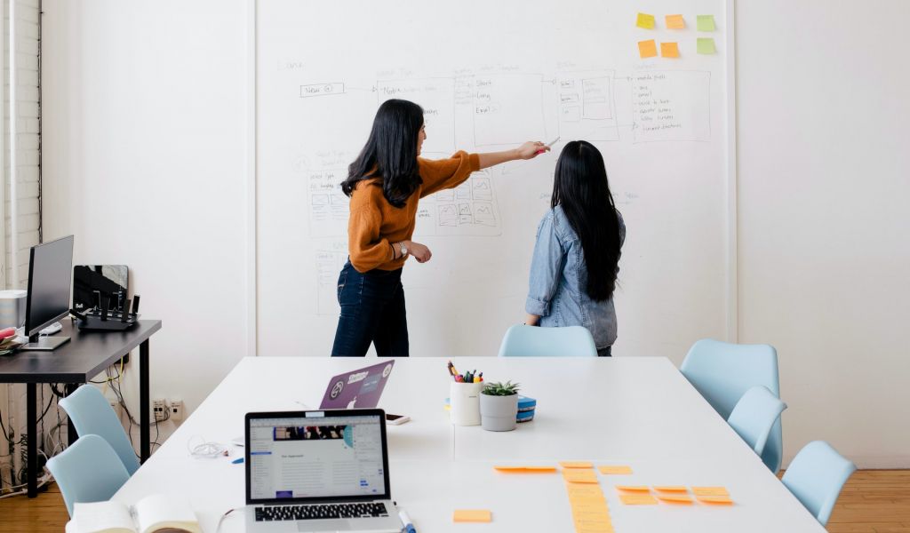 Kolleginnen erarbeiten ein Konzept am Whiteboard